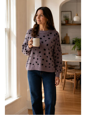 Jackson Rowe SM Mauve Navy Polka Dot Textured Knit Cotton Crop Pullover Sweater